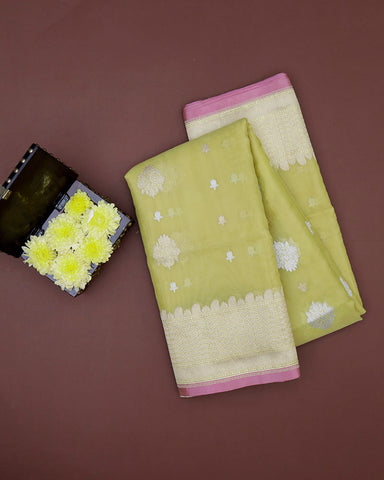 Lime Kora Banarasi Silk Saree - PattuCheeralu