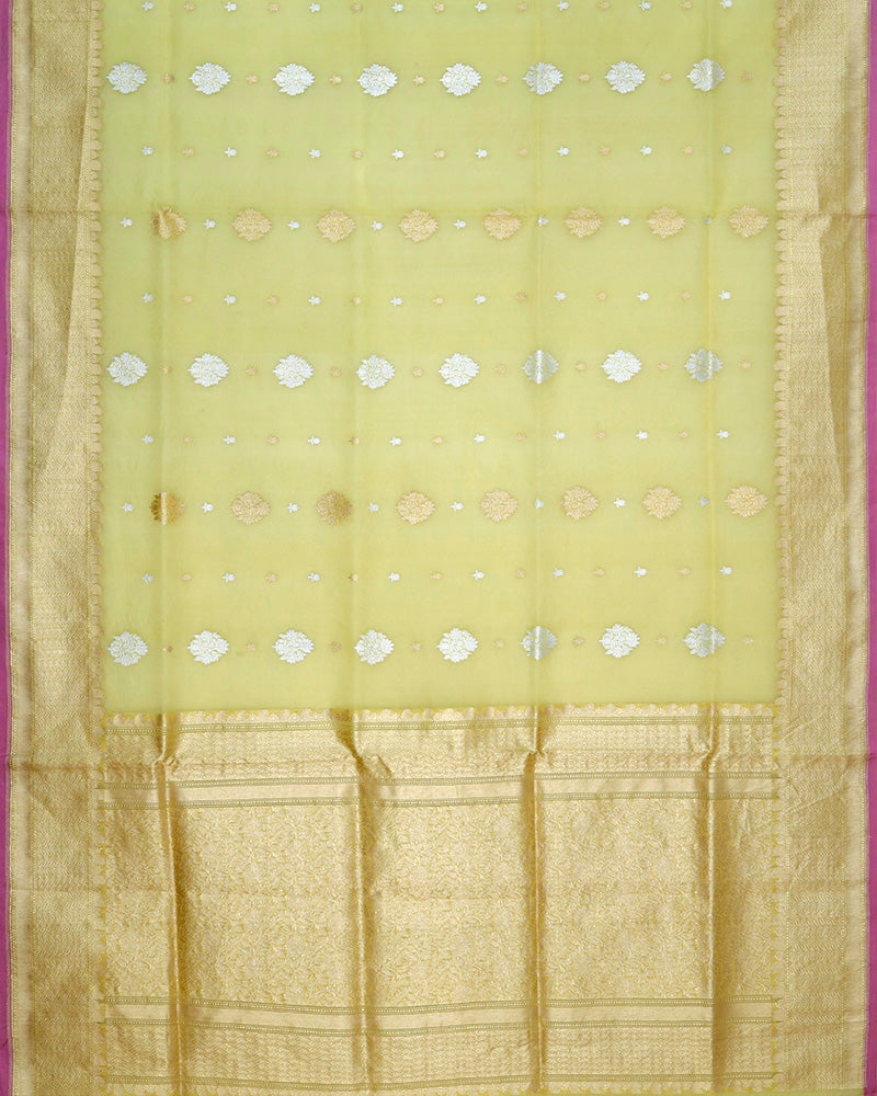 Lime Kora Banarasi Silk Saree - PattuCheeralu