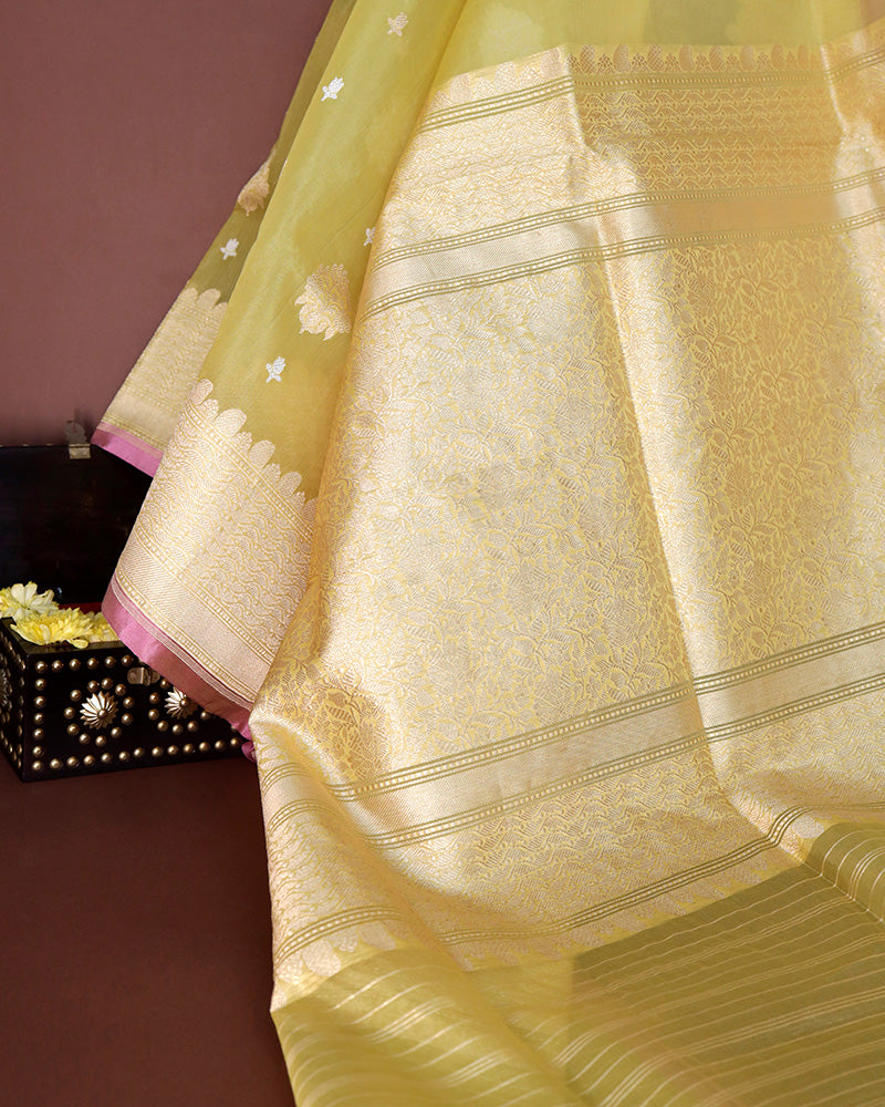 Lime Kora Banarasi Silk Saree - PattuCheeralu