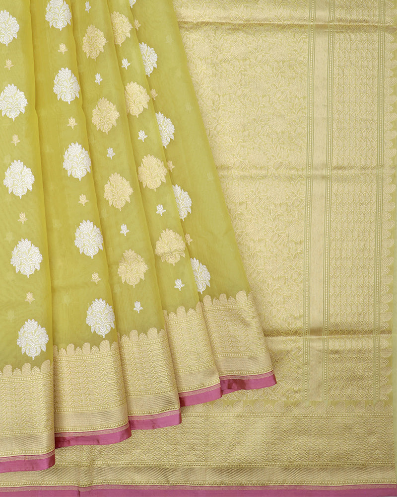 Lime Kora Banarasi Silk Saree - PattuCheeralu