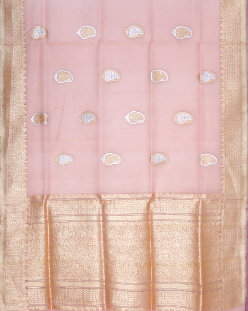 Onion Pink Kora Banarasi Silk Saree - PattuCheeralu