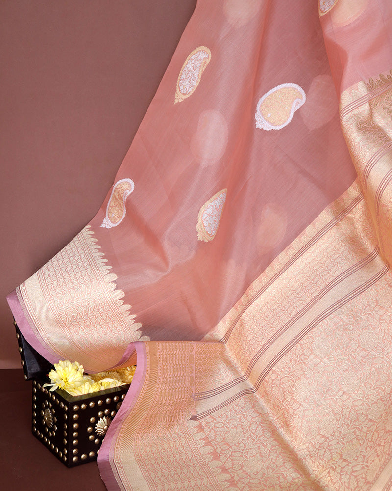 Onion Pink Kora Banarasi Silk Saree - PattuCheeralu