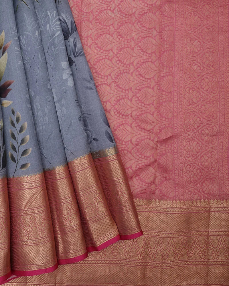 Ash Printed Kanjivaram Sik Saree - PattuCheeralu