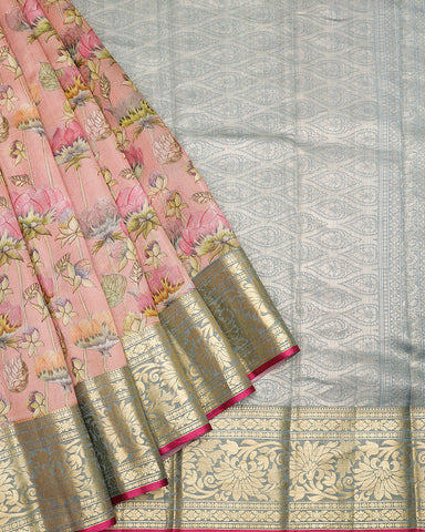 Pink printed kanjivaram silk saree - PattuCheeralu