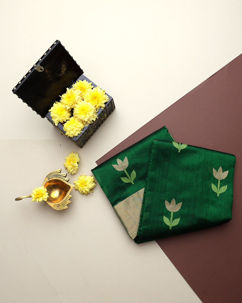 Dark Green Chanderi Silk Saree - PattuCheeralu