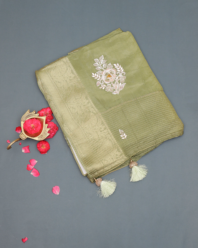 Olive green satin silk saree - PattuCheeralu