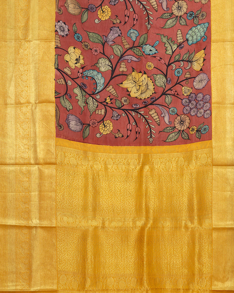 Salmon pink kachi pen kalamkari silk saree - PattuCheeralu