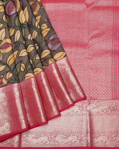 Brown kanchi kalamkari silk saree - PattuCheeralu