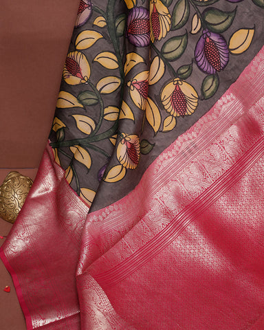 Brown kanchi kalamkari silk saree - PattuCheeralu