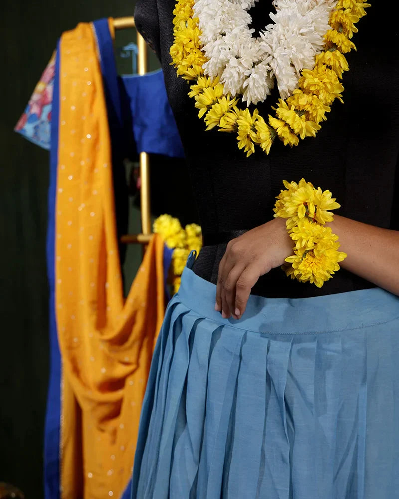 Blue Pen Kalamkari Silk Lehenga Set - PattuCheeralu