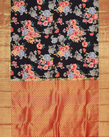 Black printed kanjivaram silk saree - PattuCheeralu