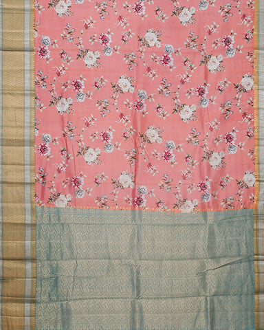 Peach pink printed kanchivaram saree - PattuCheeralu