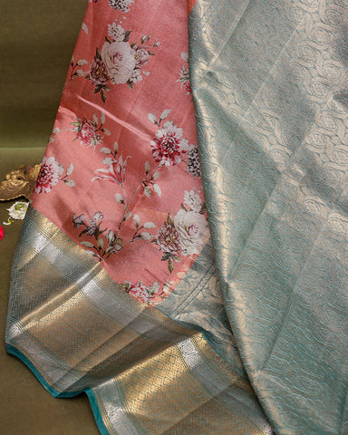 Peach pink printed kanchivaram saree - PattuCheeralu