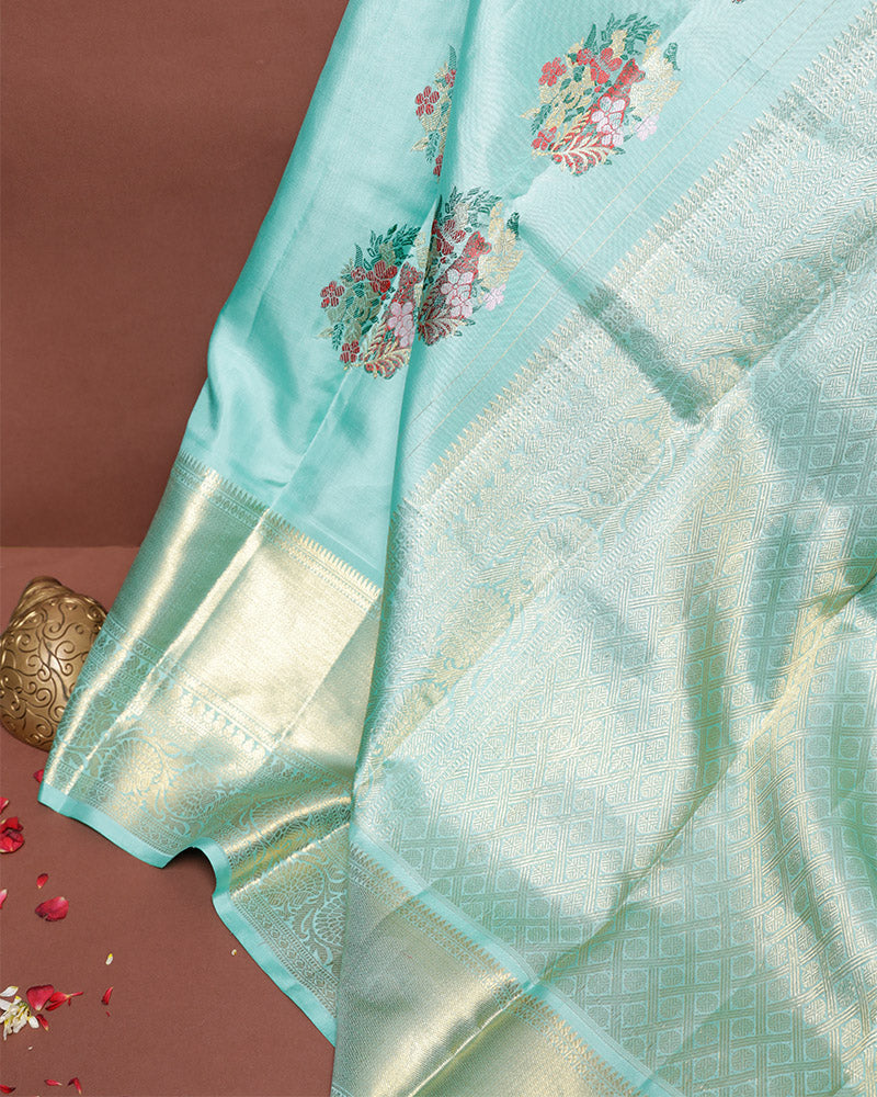 Aqua Green Kanjivaram silk saree - PattuCheeralu