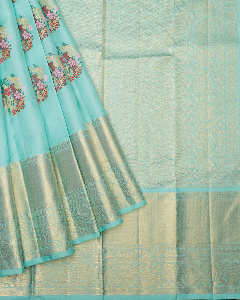 Aqua Green Kanjivaram silk saree - PattuCheeralu