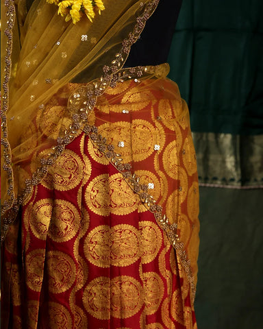 Maroon Kanjivaram Lehenga Set - PattuCheeralu