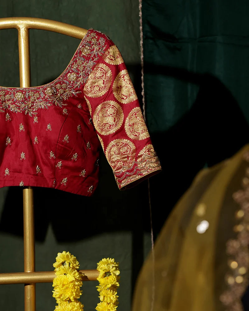 Maroon Kanjivaram Lehenga Set - PattuCheeralu