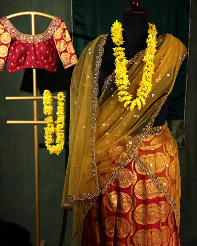 Maroon Kanjivaram Lehenga Set - PattuCheeralu