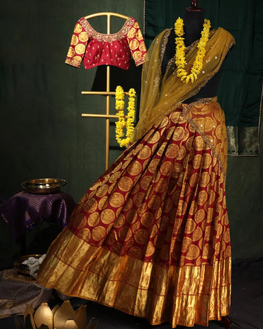 Maroon Kanjivaram Lehenga Set - PattuCheeralu