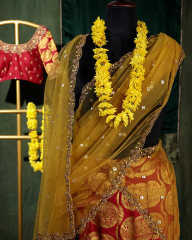 Maroon Kanjivaram Lehenga Set - PattuCheeralu