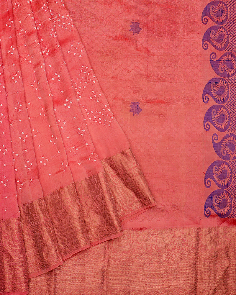 Peach pink bandhani silk saree - PattuCheeralu