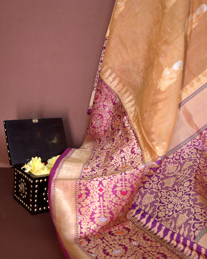 Honey Beige Kora Banarasi Silk Saree - PattuCheeralu