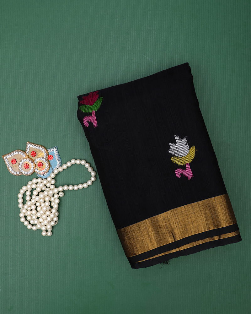 Black Dhakai Jamdani Silk Saree - PattuCheeralu