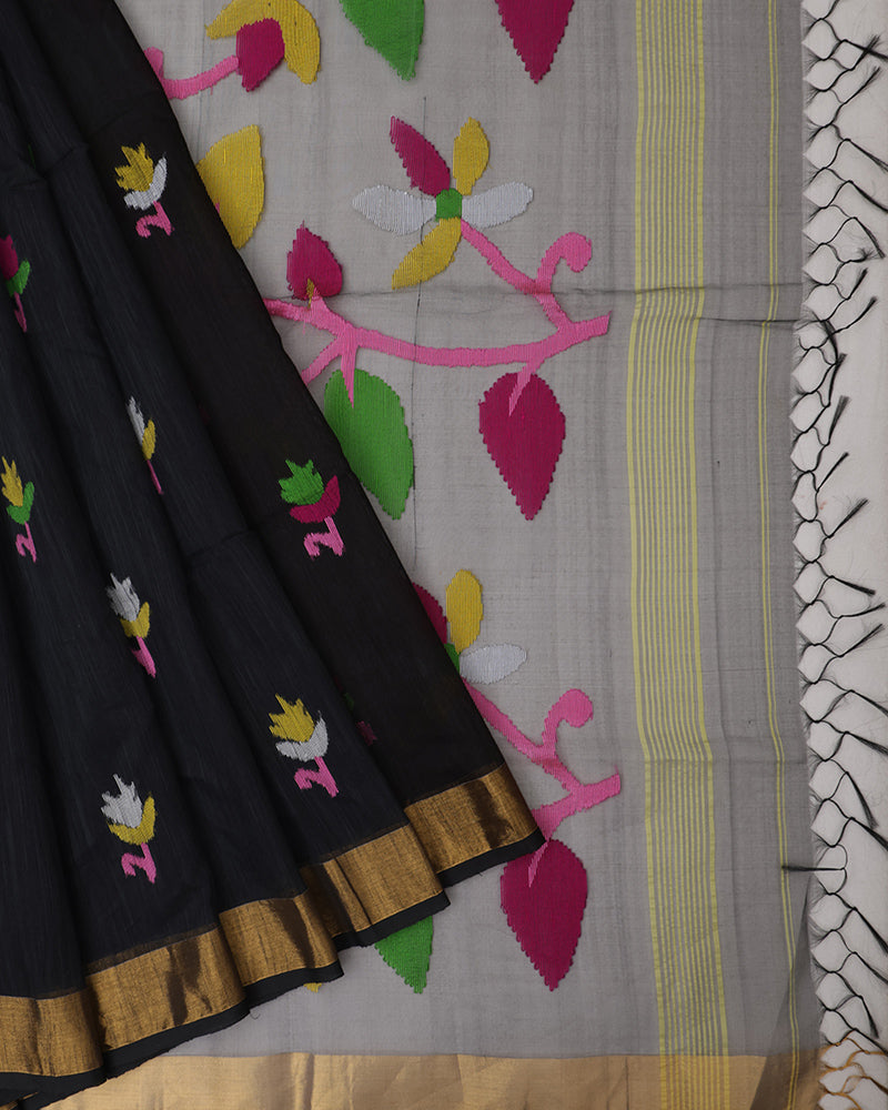 Black Dhakai Jamdani Silk Saree - PattuCheeralu