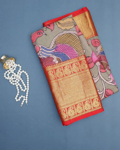 Ash Pen Kalamkari Silk Saree - PattuCheeralu