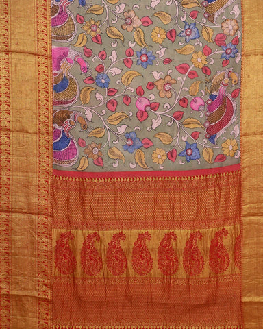 Ash Pen Kalamkari Silk Saree - PattuCheeralu