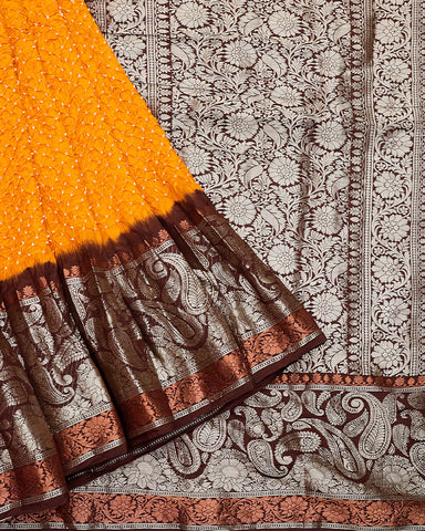 Yellow bandhani silk saree - PattuCheeralu