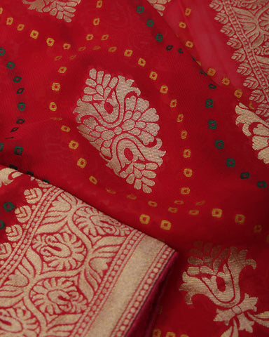 Crimson Red Banarasi Georgette Bandhani Saree - PattuCheeralu