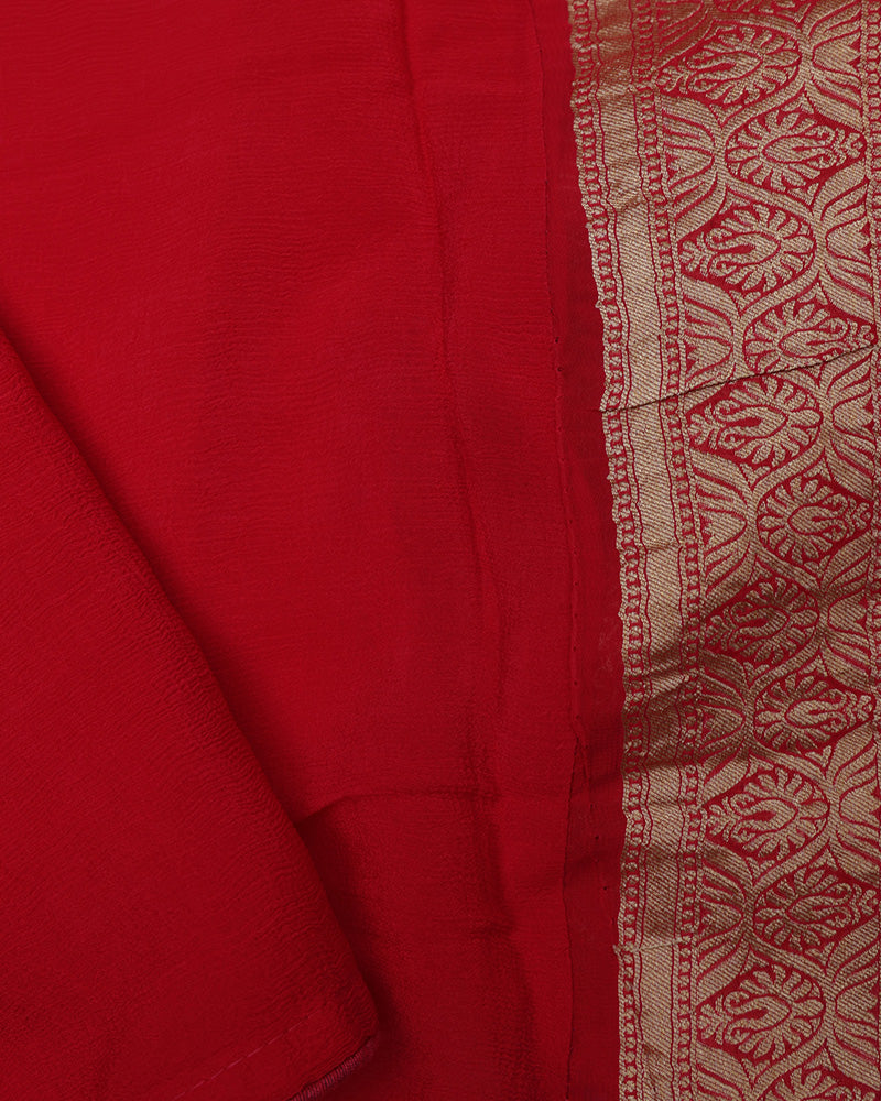 Crimson Red Banarasi Georgette Bandhani Saree - PattuCheeralu