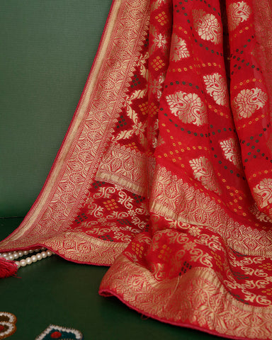 Crimson Red Banarasi Georgette Bandhani Saree - PattuCheeralu