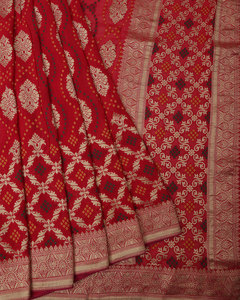 Crimson Red Banarasi Georgette Bandhani Saree - PattuCheeralu