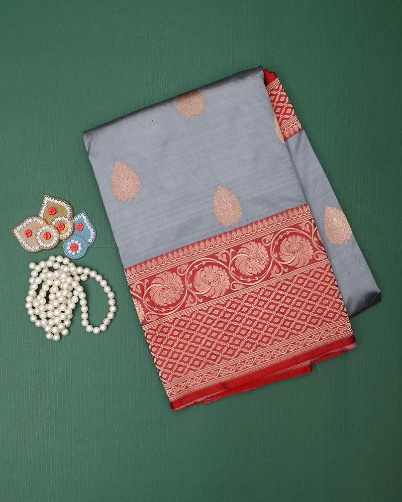 Oxford Blue, this Katan Banarasi silk saree - PattuCheeralu