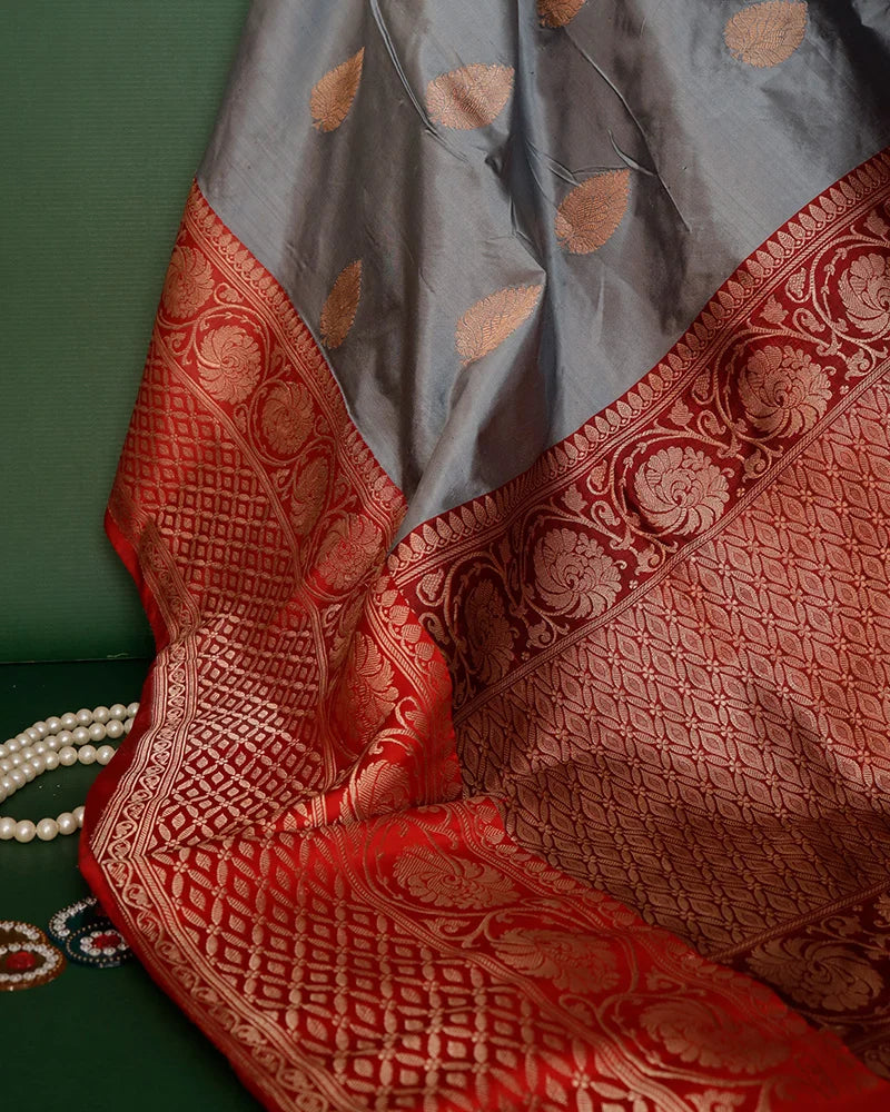 Oxford Blue, this Katan Banarasi silk saree - PattuCheeralu