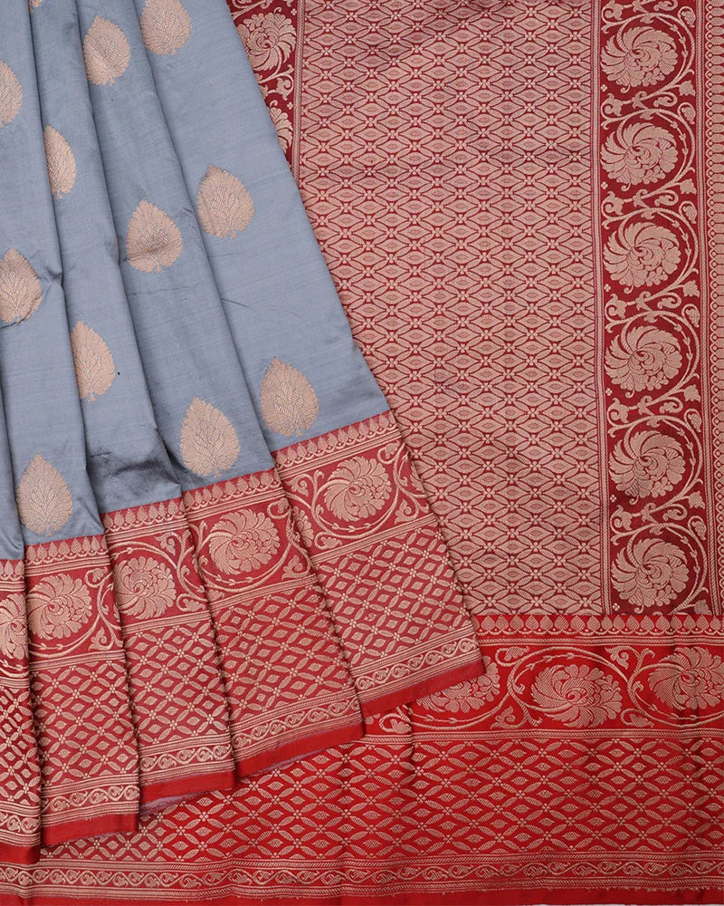 Oxford Blue, this Katan Banarasi silk saree - PattuCheeralu