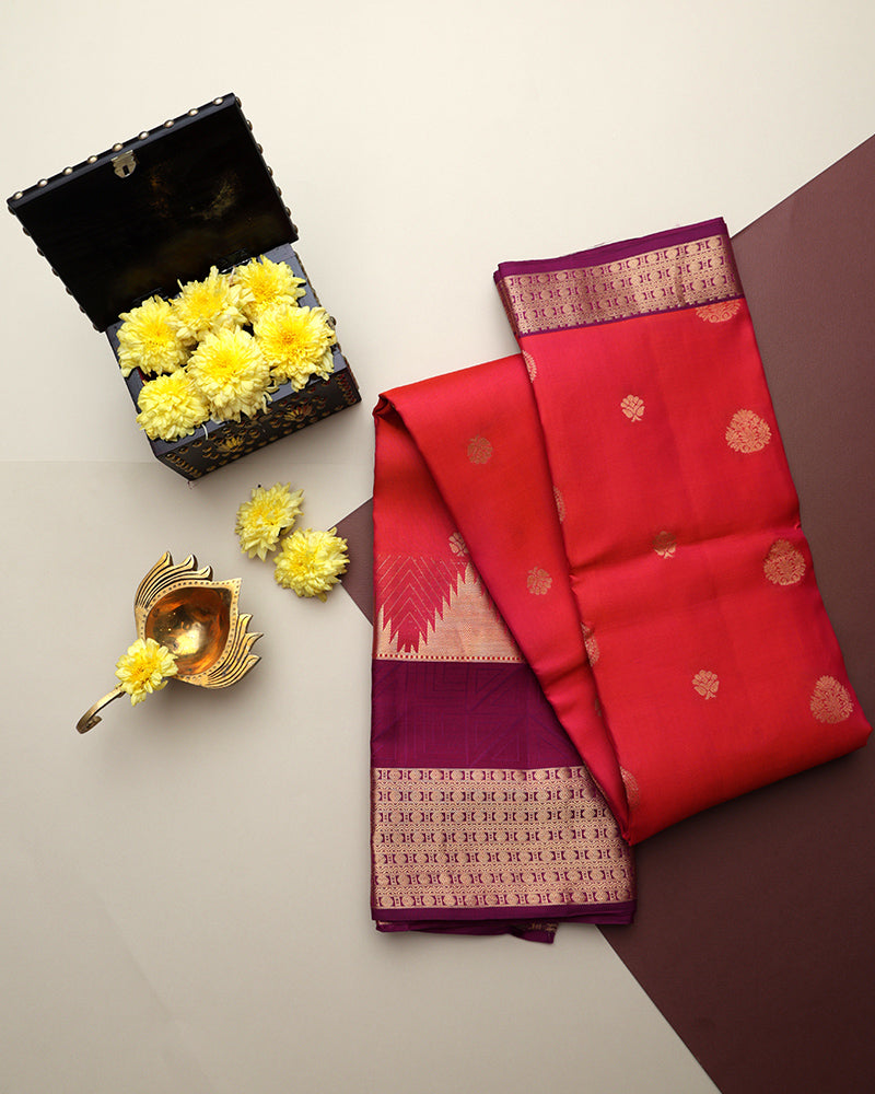 Coral pink Kanjivaram silk saree - PattuCheeralu