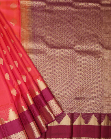 Coral pink Kanjivaram silk saree - PattuCheeralu