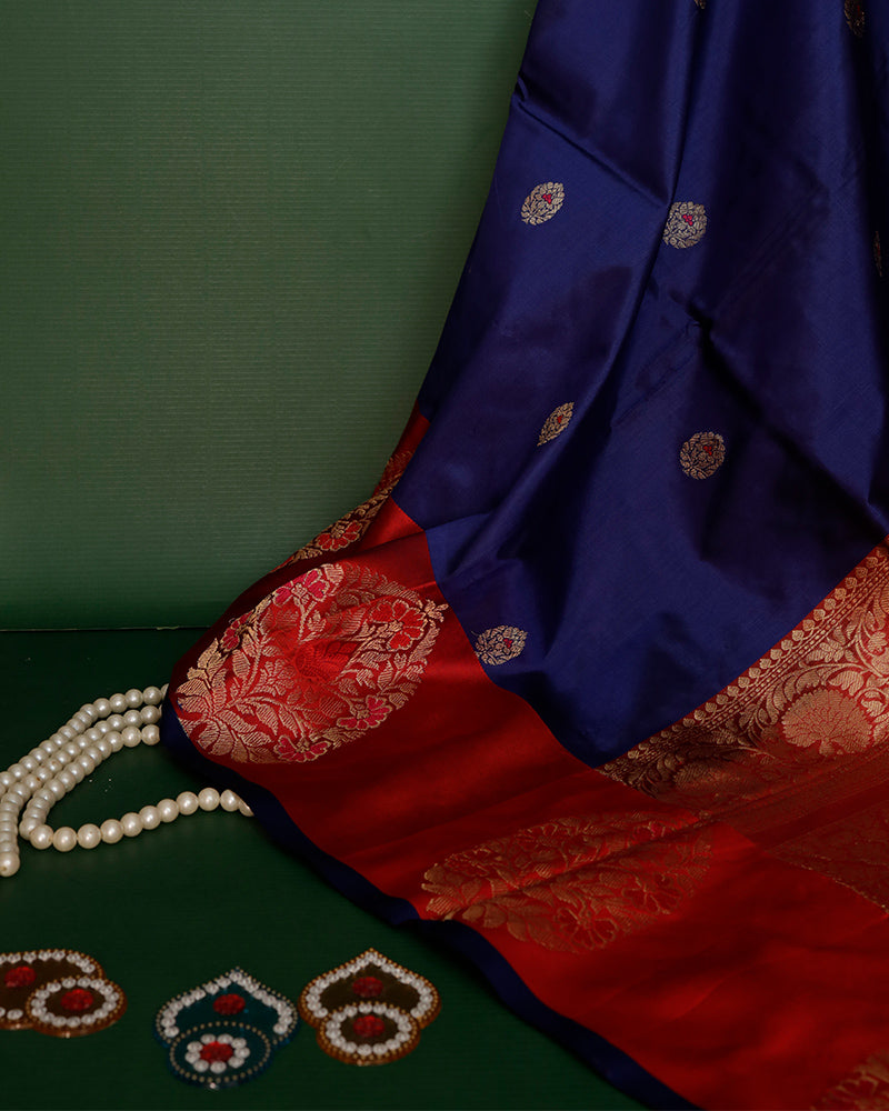 Ink Blue Banarasi Katan Silk Saree - PattuCheeralu